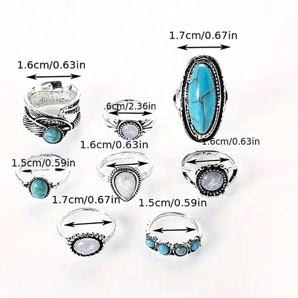 Bohemian Silvery Blue White Ring Set Size 5-10 - Picture 5 of 7